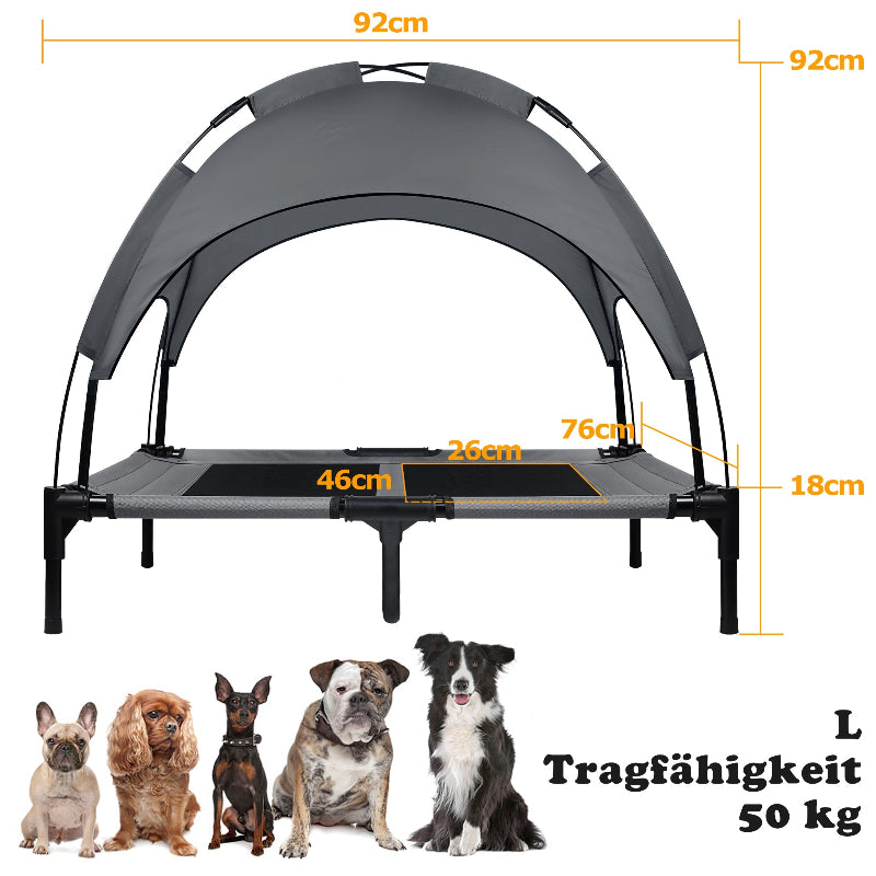 Technische Daten und Maße der erhöhten Outdoor-Hundeliege in Größe L. Die Infografik zeigt eine Breite von 106 cm, eine Gesamthöhe von 95 cm und eine Belastbarkeit bis 60 kg. Ideal für große Hunderassen wie Golden Retriever oder Huskys.