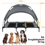 Maße und Tragfähigkeit der XL Outdoor Hundeliege: 122 cm Breite, 102 cm Gesamthöhe und eine Belastbarkeit von 60 kg. Die Infografik zeigt die Eignung für sehr große Hunderassen wie Berner Sennenhunde, Schäferhunde und Labradore.