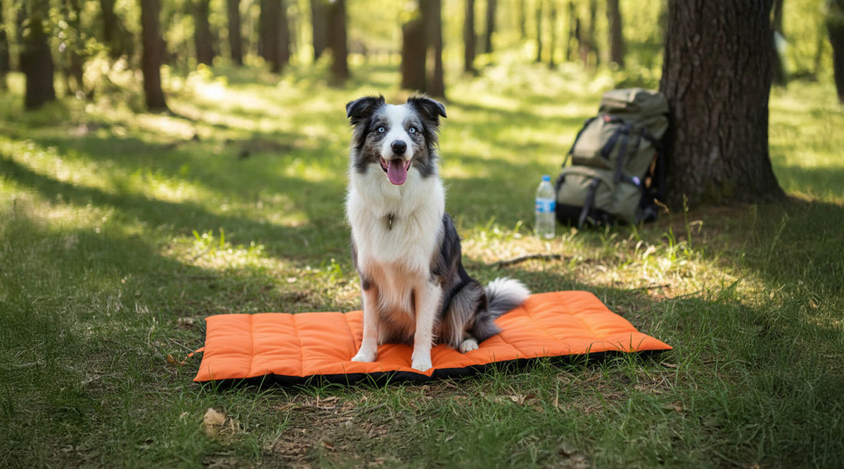Hund liegt auf einer Outdoor-Hundematte im herbstlichen Wald