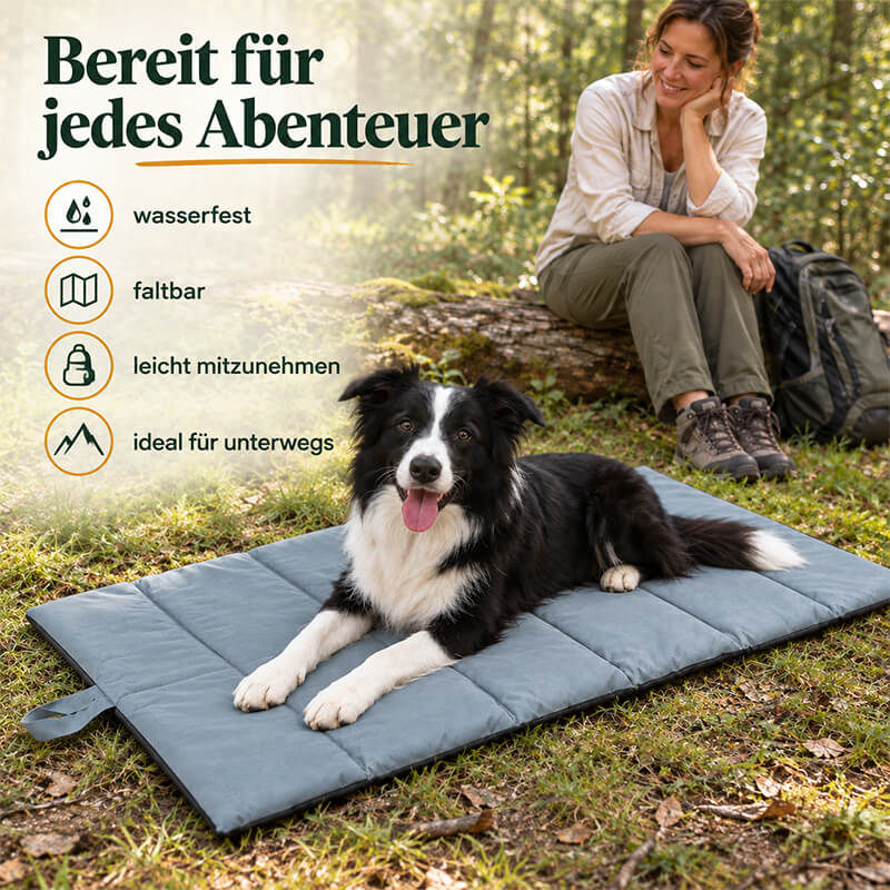 Wasserfeste Outdoor Hundedecke bei der Wanderpause im Wald, Border Collie liegt entspannt darauf