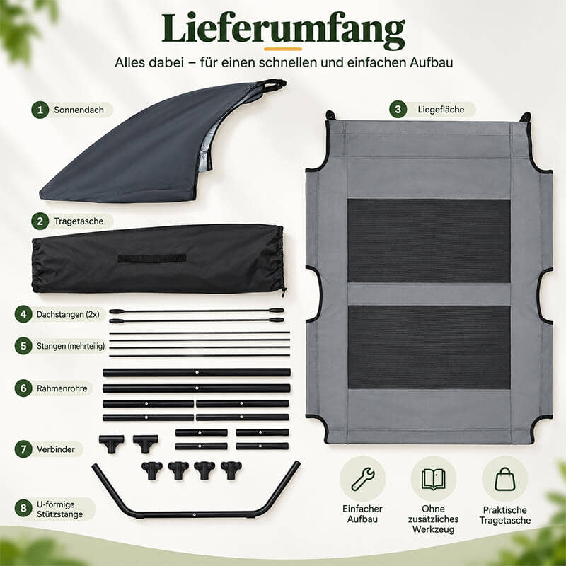 Lieferumfang der Outdoor Hundeliege mit Dach mit Liegefläche, Sonnendach, Tragetasche, Rahmenrohren, Verbindern und Stangen für den einfachen Aufbau.
