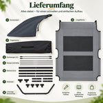 Lieferumfang der Outdoor Hundeliege mit Dach mit Liegefläche, Sonnendach, Tragetasche, Rahmenrohren, Verbindern und Stangen für den einfachen Aufbau.