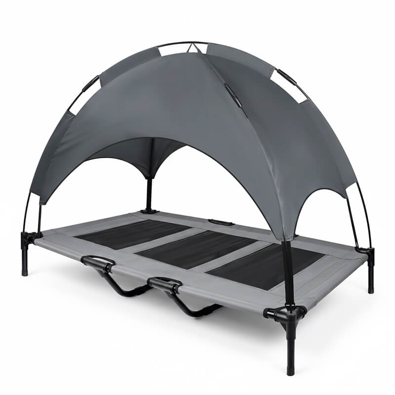 Wetterfeste Outdoor Hundeliege mit Dach, grau – erhöhter Schlafplatz für Hunde mit UV-Schutz und stabilem Stahlrahmen.