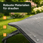 Detailaufnahme einer Outdoor Hundeliege mit strapazierfähiger grauer Liegefläche, sauber verarbeiteten Kanten und Metallgestell.