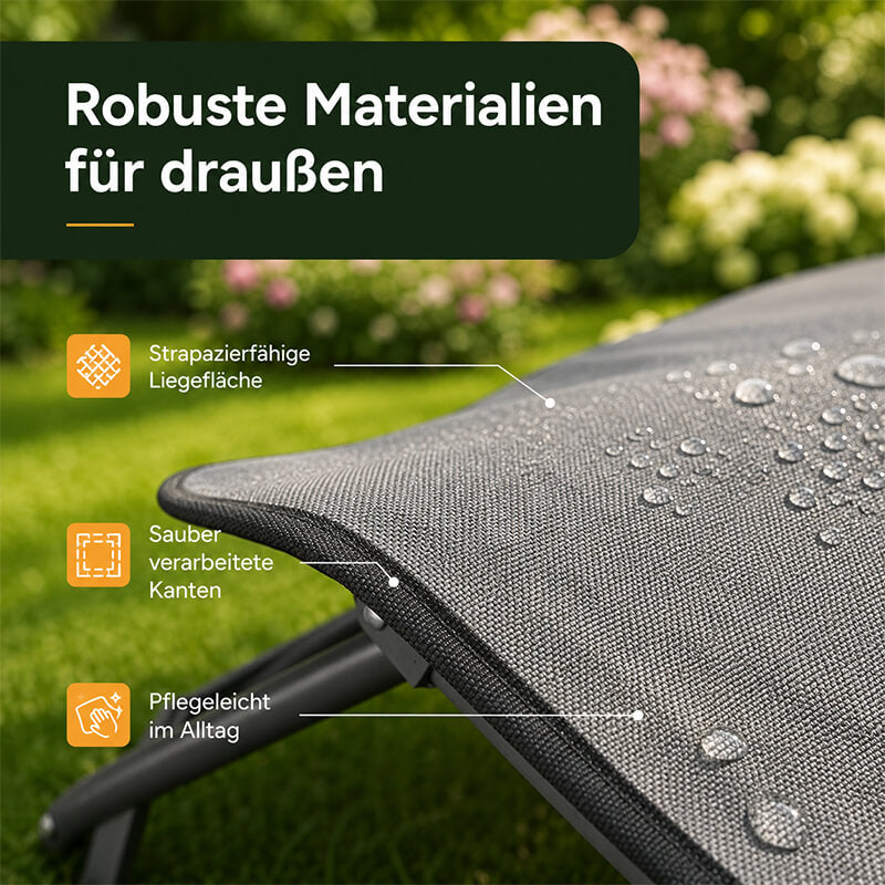 Detailaufnahme einer Outdoor Hundeliege mit strapazierfähiger grauer Liegefläche, sauber verarbeiteten Kanten und Metallgestell.