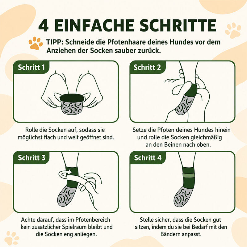 Rutschfester Pfotenschutz für Hunde mit elastischem Material, verstellbarem Verschluss, reflektierendem Streifen und Grip auf beiden Seiten.