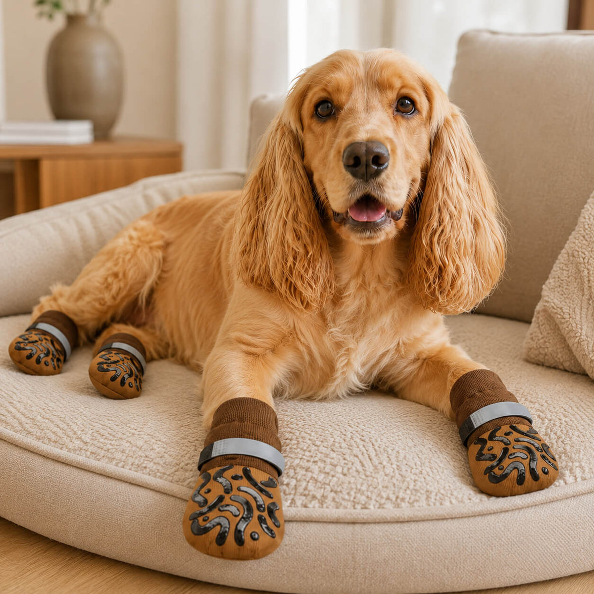 Hund mit rutschfestem Pfotenschutz entspannt auf dem Sofa – für sicheren Halt und geschützte Pfoten im Alltag.