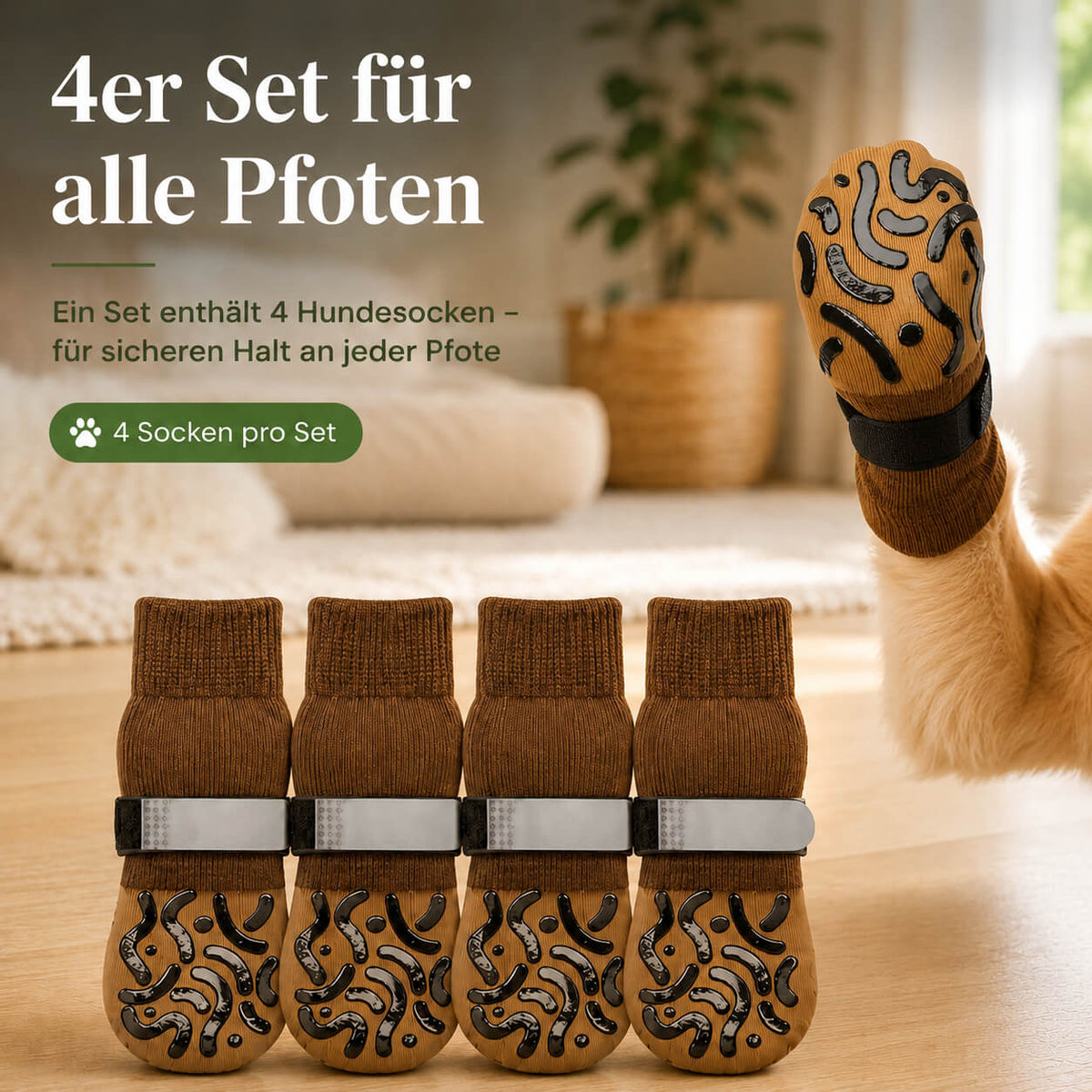Vier rutschfeste Pfotensocken für Hunde im Set mit 360° Grip und reflektierendem Klettverschluss.