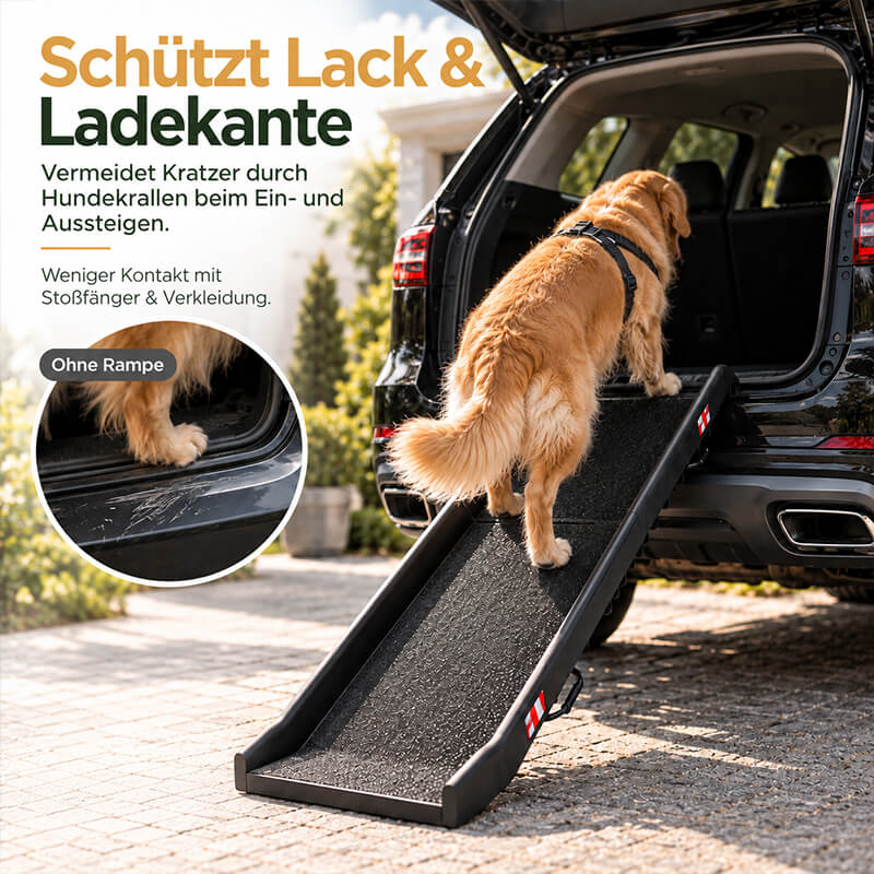 Rampe für Hunde am Auto reduziert direkten Pfotenkontakt mit Stoßfänger und Ladekante beim Einstieg in den Kofferraum.