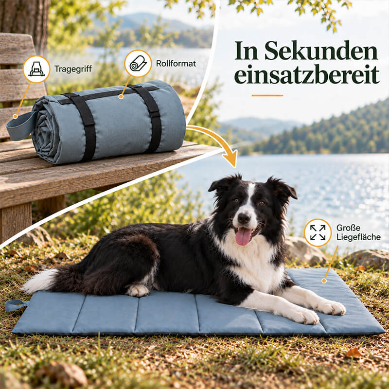 Reisematte für Hunde mit Tragegriff: aufgerollt auf der Bank und ausgerollt als Liegeplatz am See