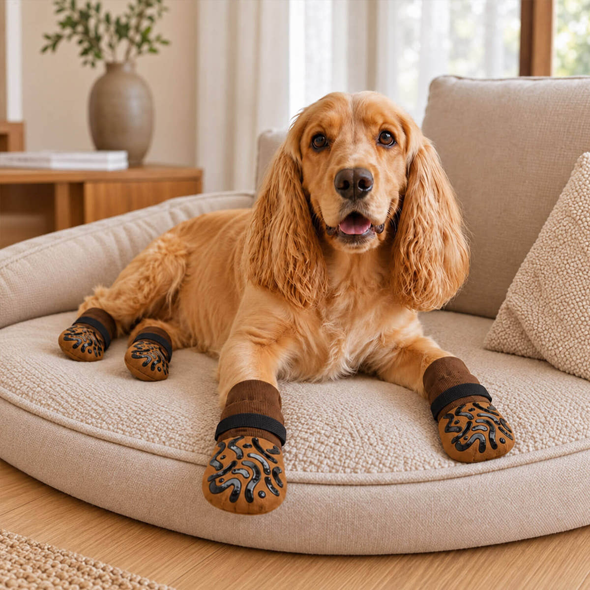 Cocker Spaniel liegt entspannt im Hundebett und trägt rutschfeste Hundesocken für mehr Sicherheit in jedem Alter.