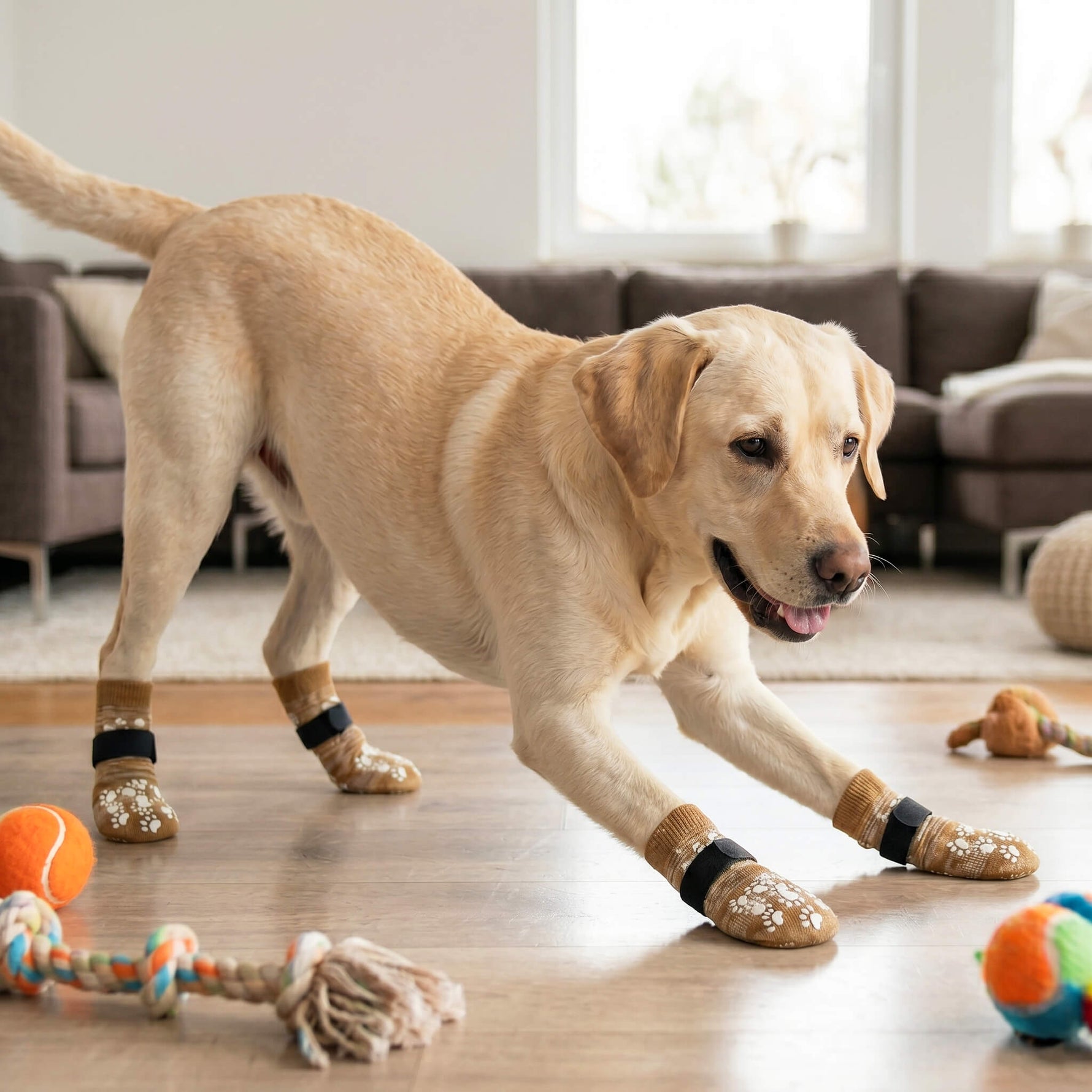 Junger, stürmischer Labrador mit rutschfesten Hundesocken beim Spielen auf Laminat. Die Anti-Rutsch-Socken verhindern Wegrutschen und Verletzungen bei Hunden im Haus und schützen empfindliche Parkettböden vor Kratzern