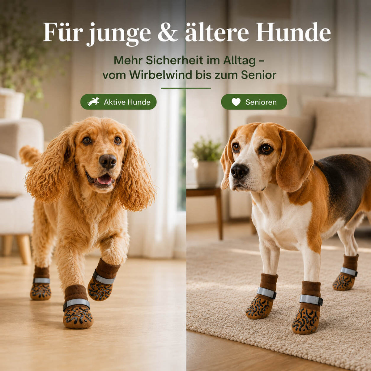 Rutschfeste Hundesocken für ältere Hunde und aktive junge Hunde zur Unterstützung der Trittsicherheit im Alltag.