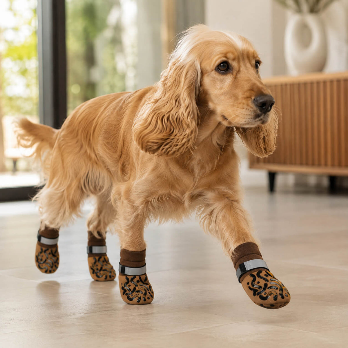 Rutschfeste Pfotensocken unterstützen den Hund beim sicheren Laufen auf glatten Böden im Wohnbereich.