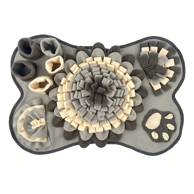 Schnüffeldecke für Hunde in Knochenform in Grau mit Creme – Suchteppich mit Blüte, Taschen und Pfote als Leckerli-Verstecke