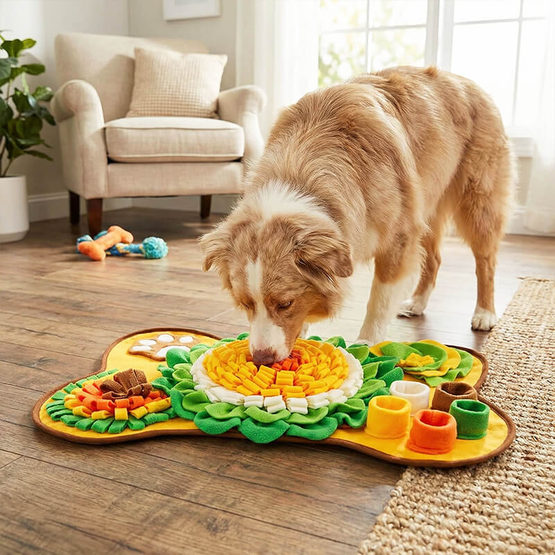 Hund schnüffelt auf der Schnüffeldecke in Knochenform in Orange mit Stoffblüte, Pfotenmotiv und Stoffbechern