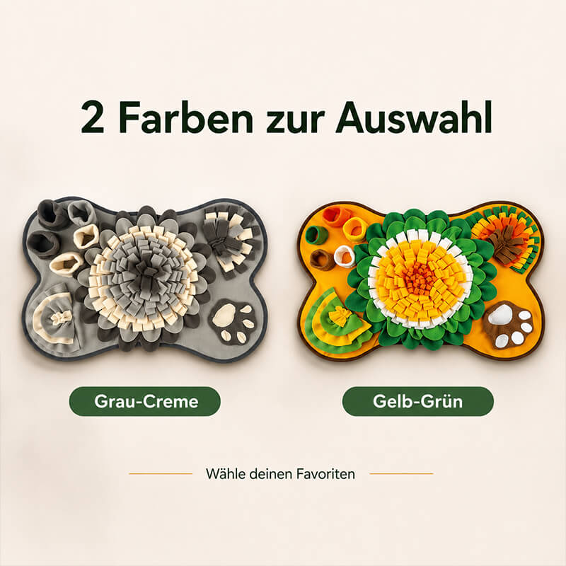 Schnüffeldecke für Hunde in zwei Farbvarianten: Grau-Creme und Gelb-Grün, mit verschiedenen Verstecken für Leckerlis und Futtersuche.