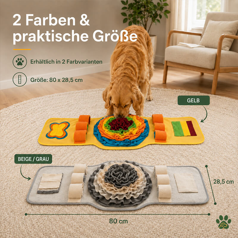 Schnüffelmatte für Hunde in Gelb und Beige-Grau mit den Maßen 80 x 28,5 cm und verschiedenen Such- und Versteckbereichen.
