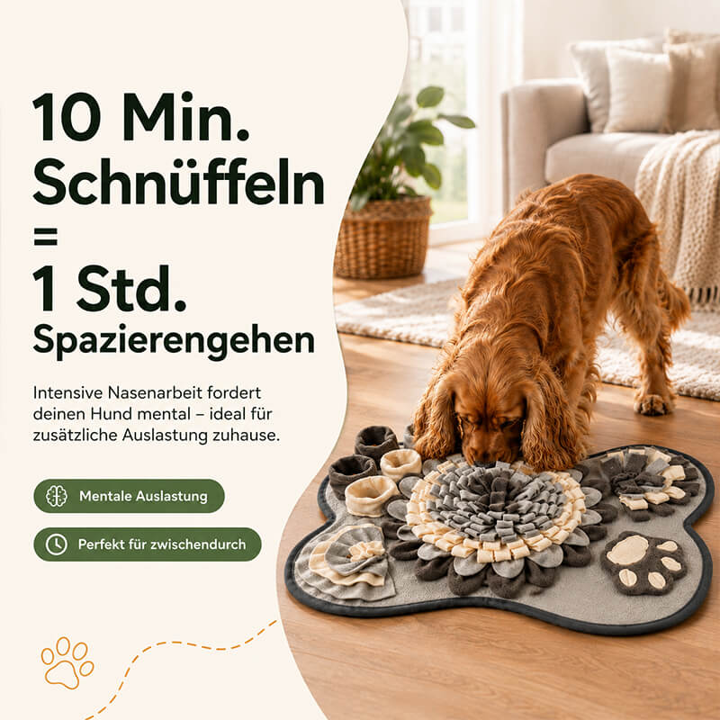 Schnüffelmatte für Hunde zur mentalen Auslastung – Infografik zur intensiven Nasenarbeit und Beschäftigung beim Schnüffeln zu Hause.