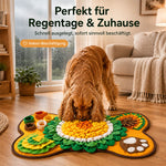 Hund beschäftigt sich zu Hause mit einem Schnüffelspielzeug – Schnüffelmatte für Nasenarbeit und Indoor-Beschäftigung an Regentagen.