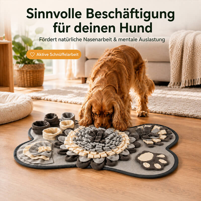 Hund bei der Nasenarbeit mit einem Schnüffelteppich – interaktive Beschäftigung zum Suchen von Leckerlis und zur mentalen Auslastung.