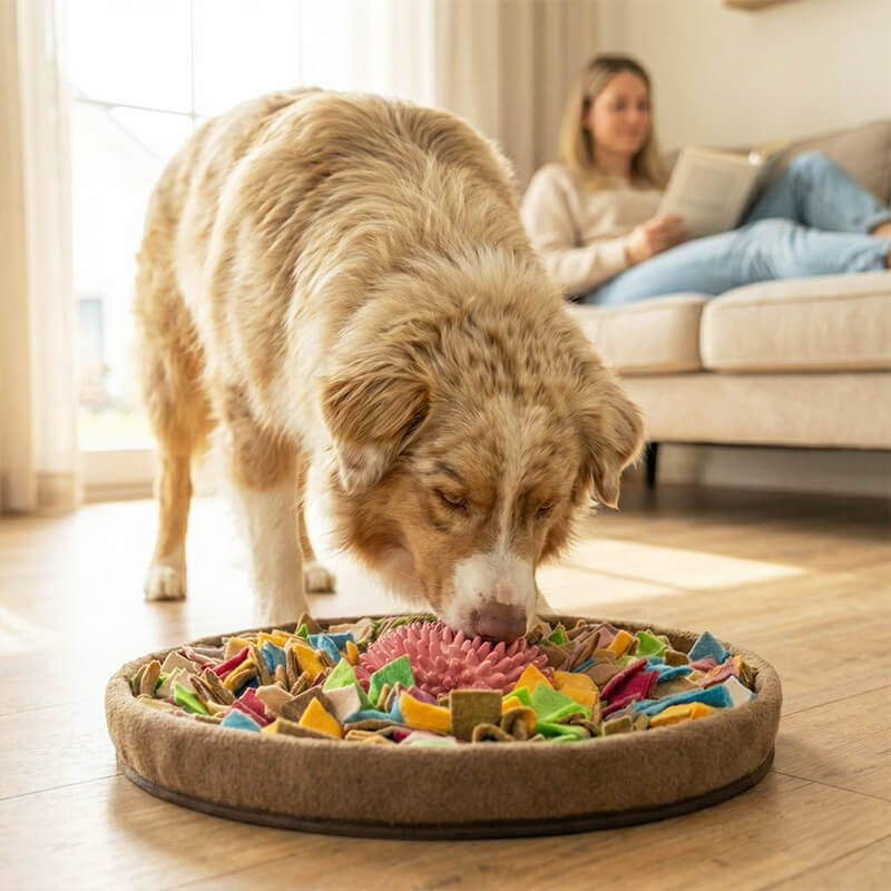 Hund sucht Trockenfutter im runden, bunten Schnüffelteppich – Futtersuche statt Schlingen im Wohnzimmer