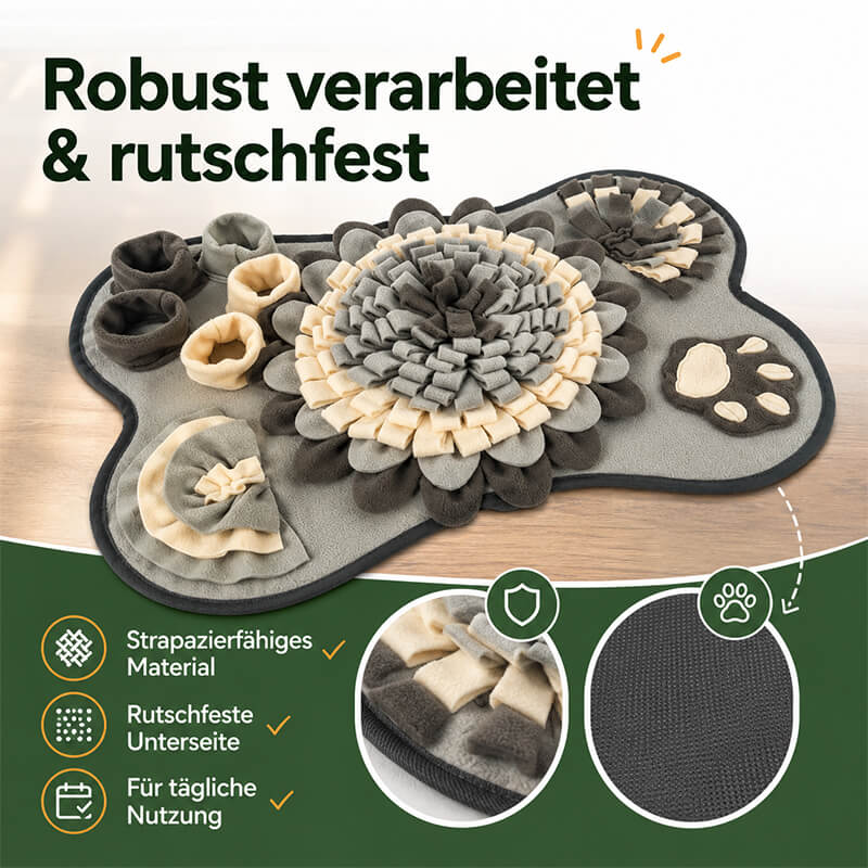 Rutschfester Schnüffelteppich für Hunde mit strapazierfähigem Material und strukturierter Unterseite für sicheren Halt bei der Futtersuche.