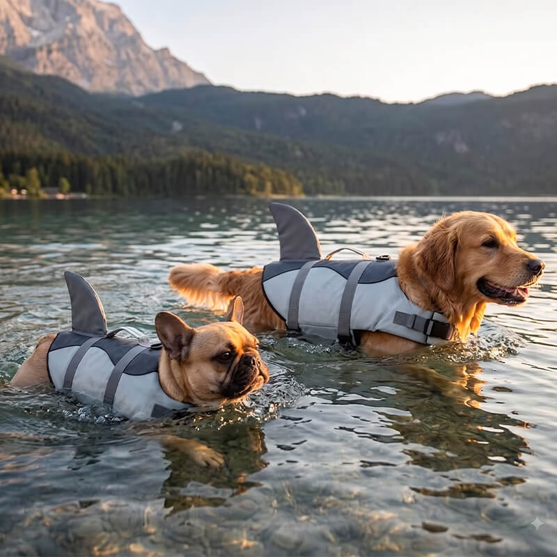 Golden Retriever und Französische Bulldogge schwimmen mit grauer Schwimmweste mit Haifischflosse im Bergsee