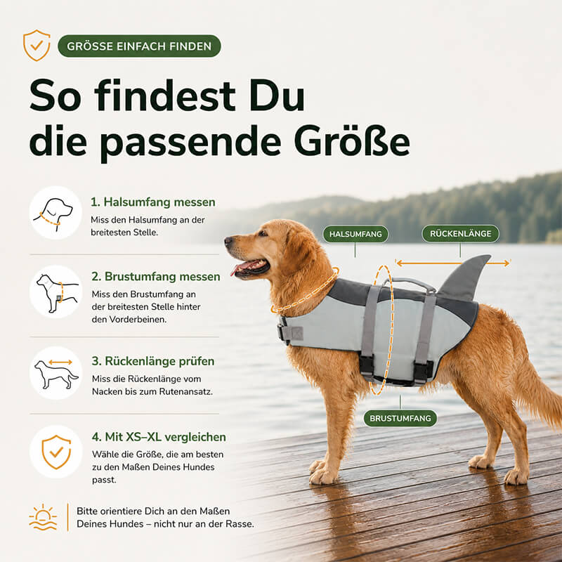 Größenhilfe für eine Schwimmweste für Hunde – Halsumfang, Brustumfang und Rückenlänge richtig messen und passende Größe von XS bis XL wählen.