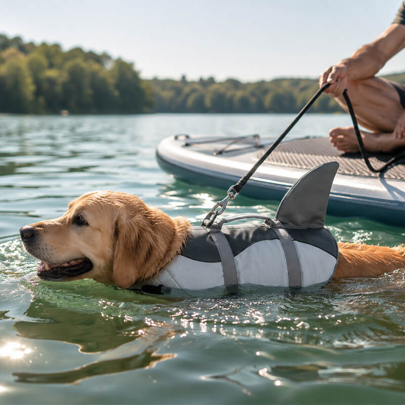 Golden Retriever schwimmt mit Schwimmweste neben dem SUP, die Leine ist am D-Ring der Weste eingehängt