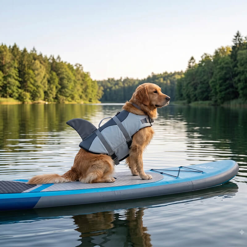 Golden Retriever sitzt mit grauer Schwimmweste auf einem SUP-Board – die Haifischflosse ist auf dem Wasser gut zu sehen
