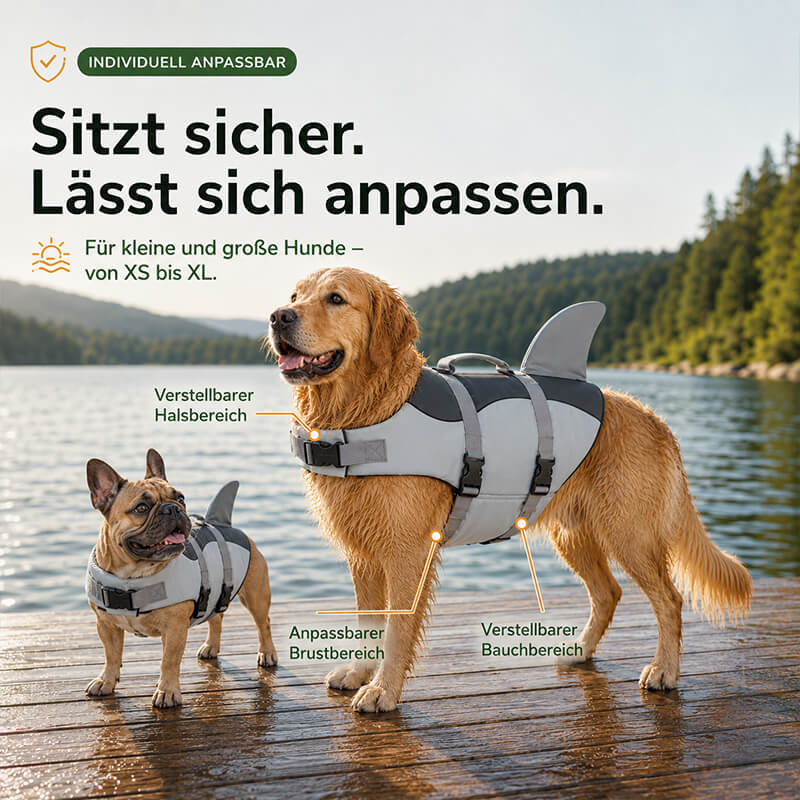 Schwimmweste für Hunde mit verstellbarem Hals-, Brust- und Bauchbereich, gezeigt an Golden Retriever und Französischer Bulldogge.