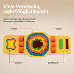 Suchmatte für Hunde mit großer Schnüffelfläche, Stoffrollen, Taschen und verschiedenen Verstecken für abwechslungsreiche Futtersuche.