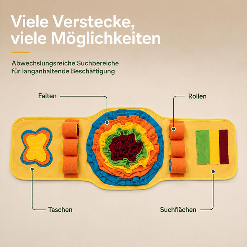 Suchmatte für Hunde mit großer Schnüffelfläche, Stoffrollen, Taschen und verschiedenen Verstecken für abwechslungsreiche Futtersuche.