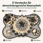 Suchteppich für Hunde mit fünf unterschiedlichen Verstecken und Suchzonen für Leckerlis, Nasenarbeit und abwechslungsreiches Schnüffelspiel.