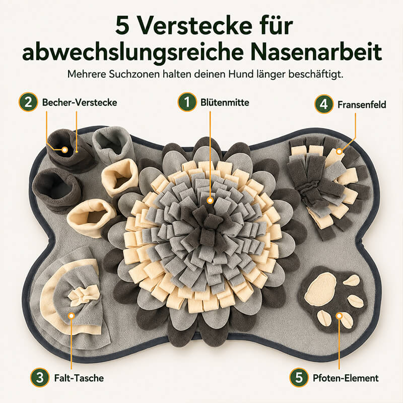 Suchteppich für Hunde mit fünf unterschiedlichen Verstecken und Suchzonen für Leckerlis, Nasenarbeit und abwechslungsreiches Schnüffelspiel.