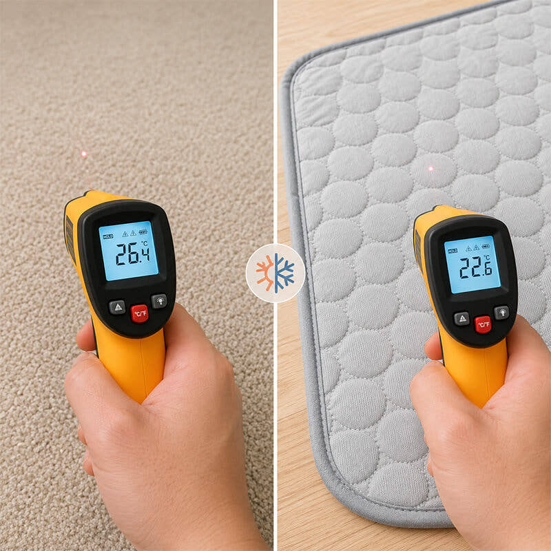 Infrarot-Thermometer misst 26,4 °C auf einem Teppich und 22,6 °C auf der grauen Kühlmatte für Hunde und Katzen.