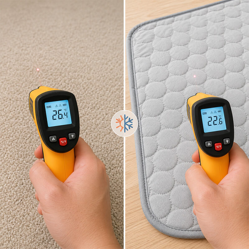 Infrarot-Thermometer misst 26,4 °C auf einem Teppich und 22,6 °C auf der grauen Kühlmatte für Hunde und Katzen.