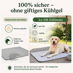 Eine Vergleichs-Infografik mit der Überschrift '100% sicher - ohne giftiges Kühlgel'. Die linke Seite warnt vor herkömmlichen Gel-Matten, die auslaufen können und ein Risiko bei Kratzen oder Beißen bergen; dazu wird eine ausgelaufene Matte gezeigt. Die rechte Seite präsentiert die sichere Ice-Silk Kühlmatte: Ein heller Labrador liegt entspannt darauf. Icons bestätigen die Vorteile der Gel-freien Matte: kein Gel, ungiftig und absolut keine Auslaufgefahr.