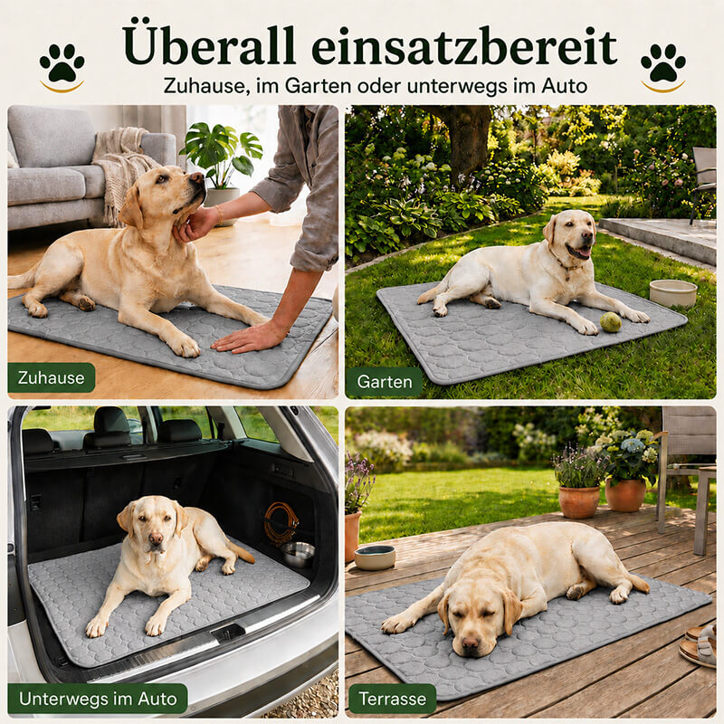 Eine Bildcollage, die vier verschiedene Einsatzmöglichkeiten der selbstkühlenden Hundematte zeigt. Die Überschrift lautet 'Überall einsatzbereit - Zuhause, im Garten oder unterwegs im Auto'. In allen vier Bildern liegt ein heller Labrador entspannt auf der grauen, gel-freien Matte: oben links im Wohnzimmer auf dem Boden, oben rechts draußen auf dem Rasen, unten links im offenen Kofferraum eines Autos und unten rechts auf einer Holzterrasse.